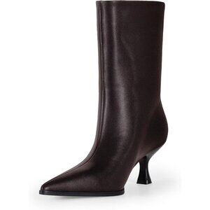 Women Brown Kitten Heel Pointed Toe Stiletto Faux Leather Mid Calf Ankle Booties
